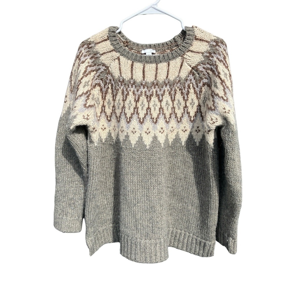 J Jill Womens Fair Isle Wool Blend Sweater Size XL Gray Cream Winter‎ Heavy Warm